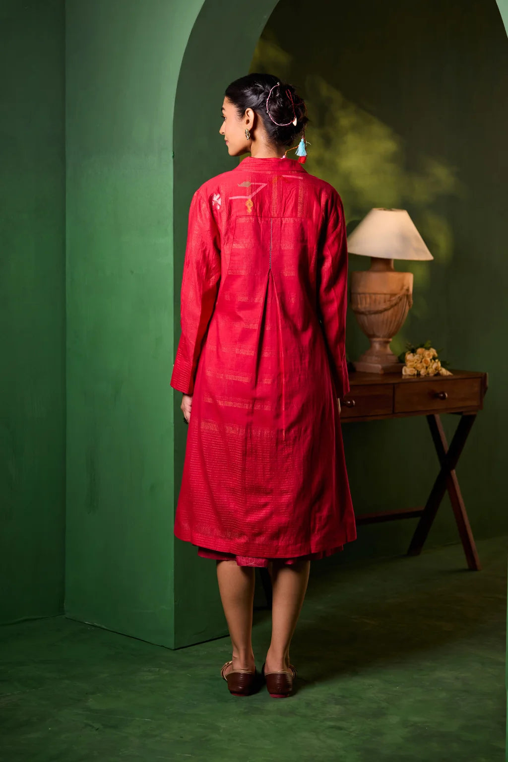 Sarron Rudrani Set, red silk-cotton Jamdani jacket and dress with handwoven bird and floral motifs.