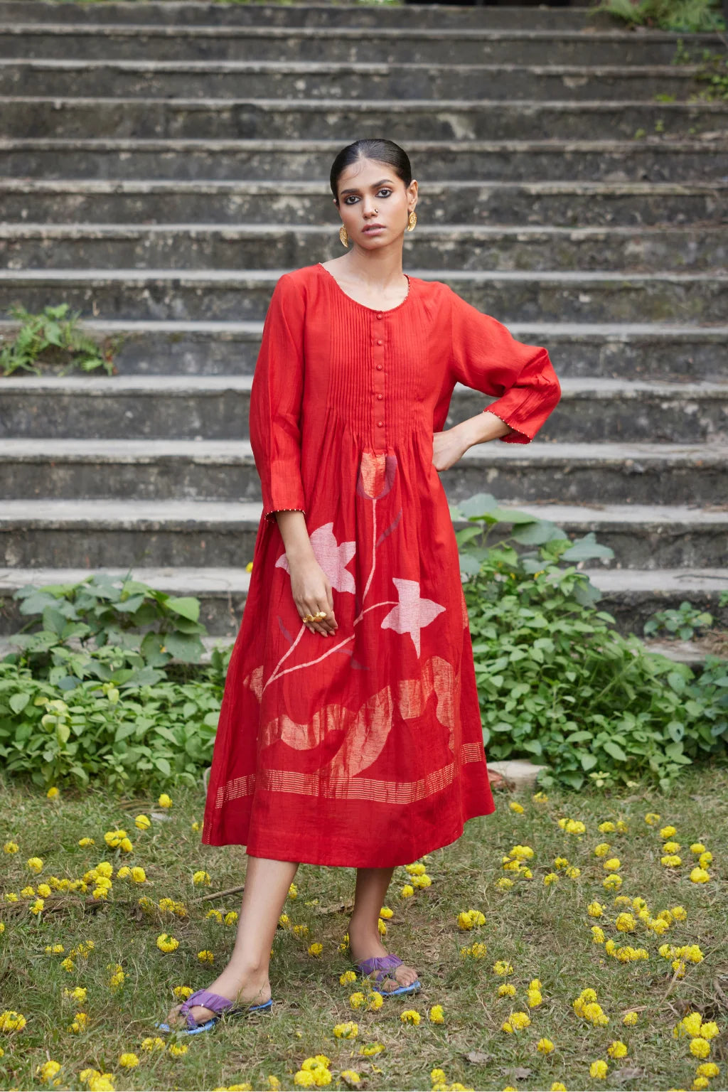 Sarron Ruhani Dress, red silk-cotton placement Jamdani dress with large floral butas and zari Kantha embroidery.