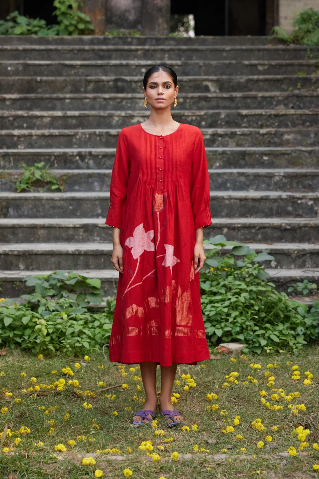 Sarron Ruhani Dress, red silk-cotton placement Jamdani dress with large floral butas and zari Kantha embroidery.