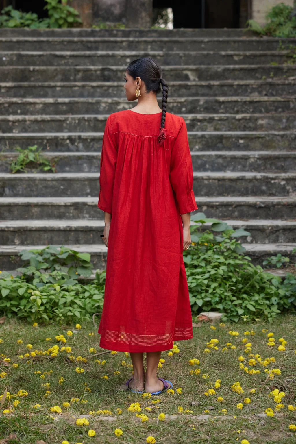 Sarron Ruhani Dress, red silk-cotton placement Jamdani dress with large floral butas and zari Kantha embroidery.