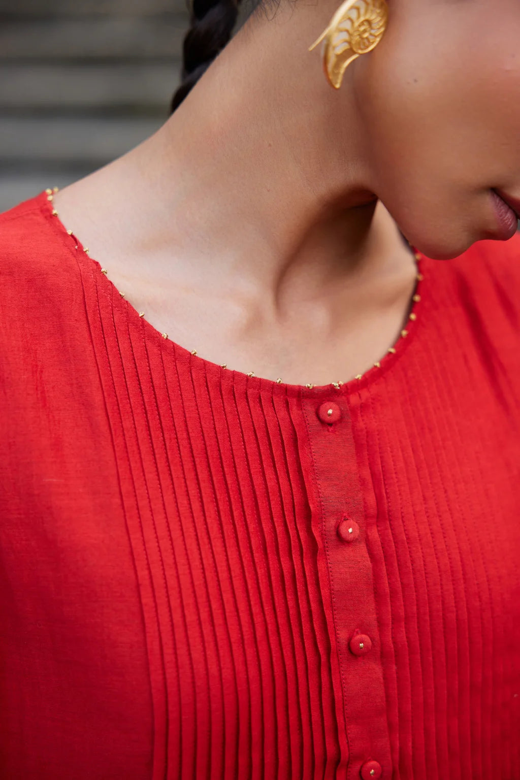 Sarron Ruhani Dress, red silk-cotton placement Jamdani dress with large floral butas and zari Kantha embroidery.