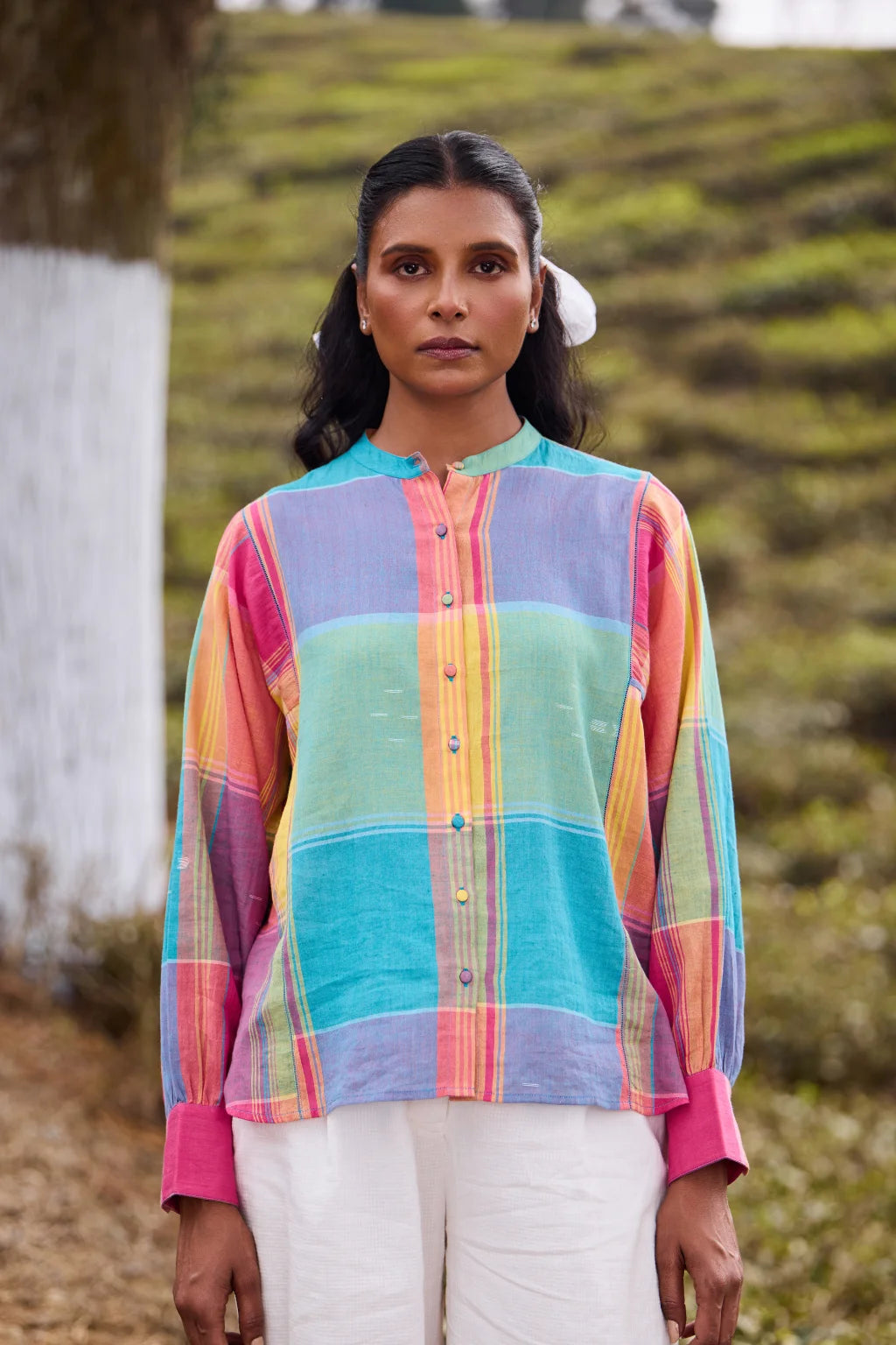 Sarron Rutuja Shirt, front-open green checked cotton shirt with fine Jamdani motifs and a mandarin collar.