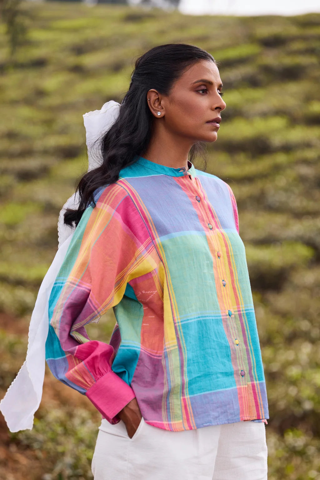Sarron Rutuja Shirt, front-open green checked cotton shirt with fine Jamdani motifs and a mandarin collar.