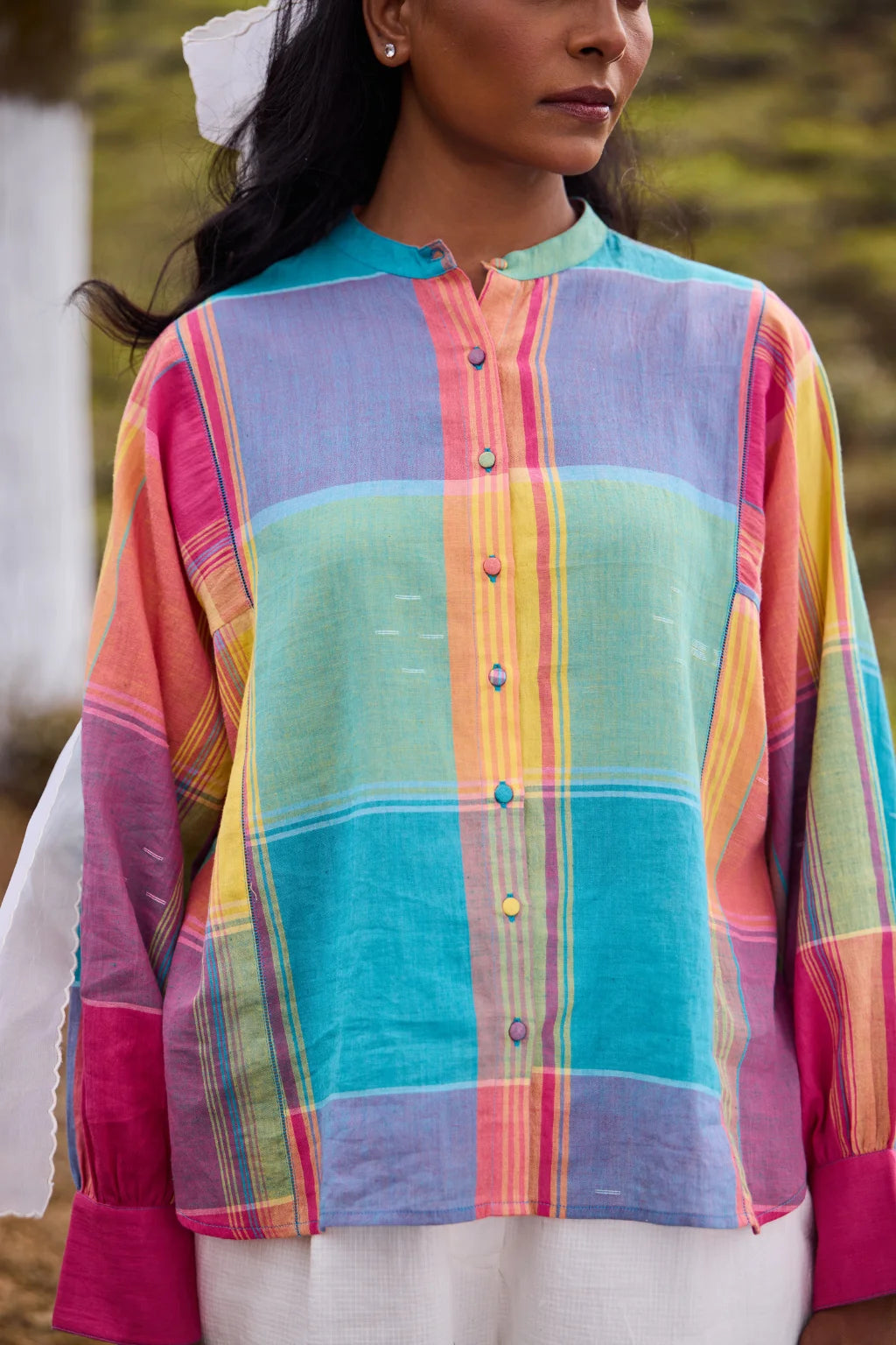 Sarron Rutuja Shirt, front-open green checked cotton shirt with fine Jamdani motifs and a mandarin collar.