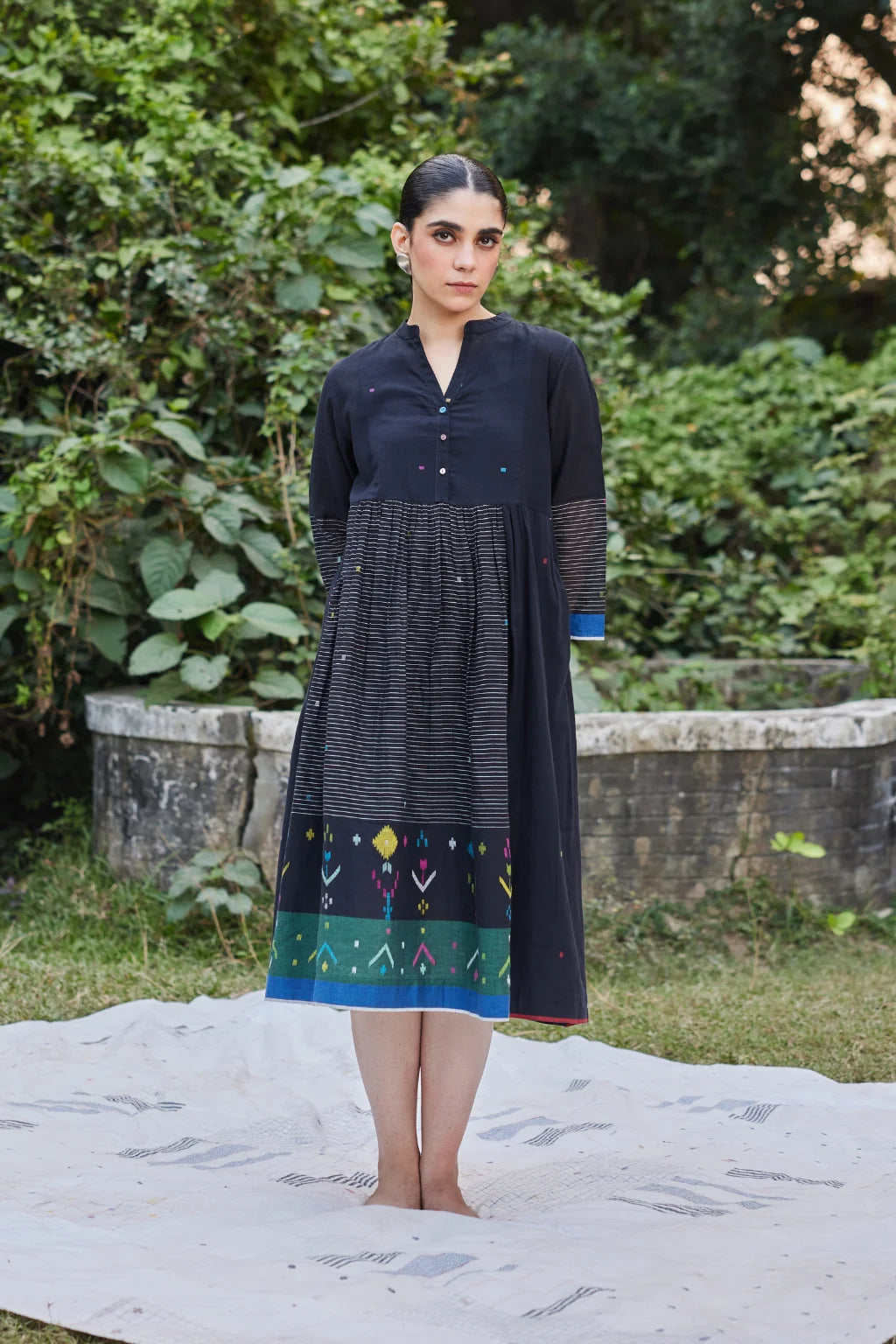 Sarron Sanjh Dress, black patchwork cotton Jamdani dress in buta fabrics with threaded buttons.