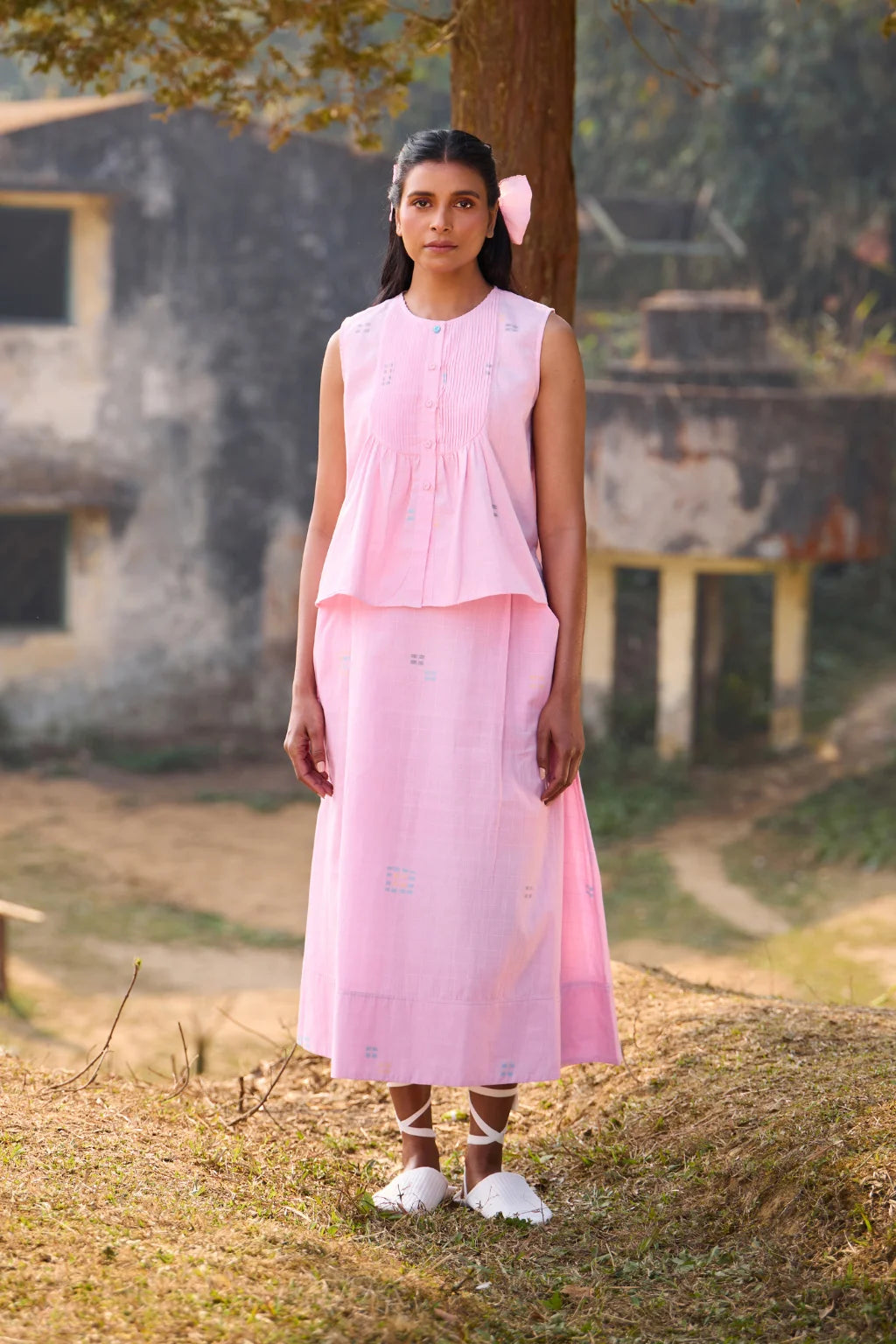 Sarron Shonpakhi Skirt, soft pink checked cotton Jamdani A-line skirt with geometric motifs.