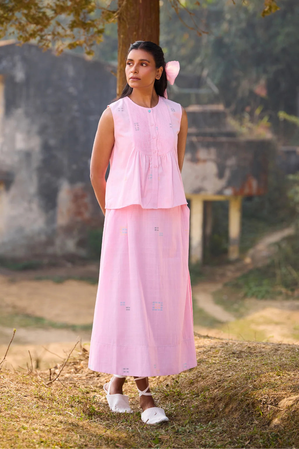 Sarron Shonpakhi Top, sleeveless pink checked cotton Jamdani top with geometric motifs and pintucks.