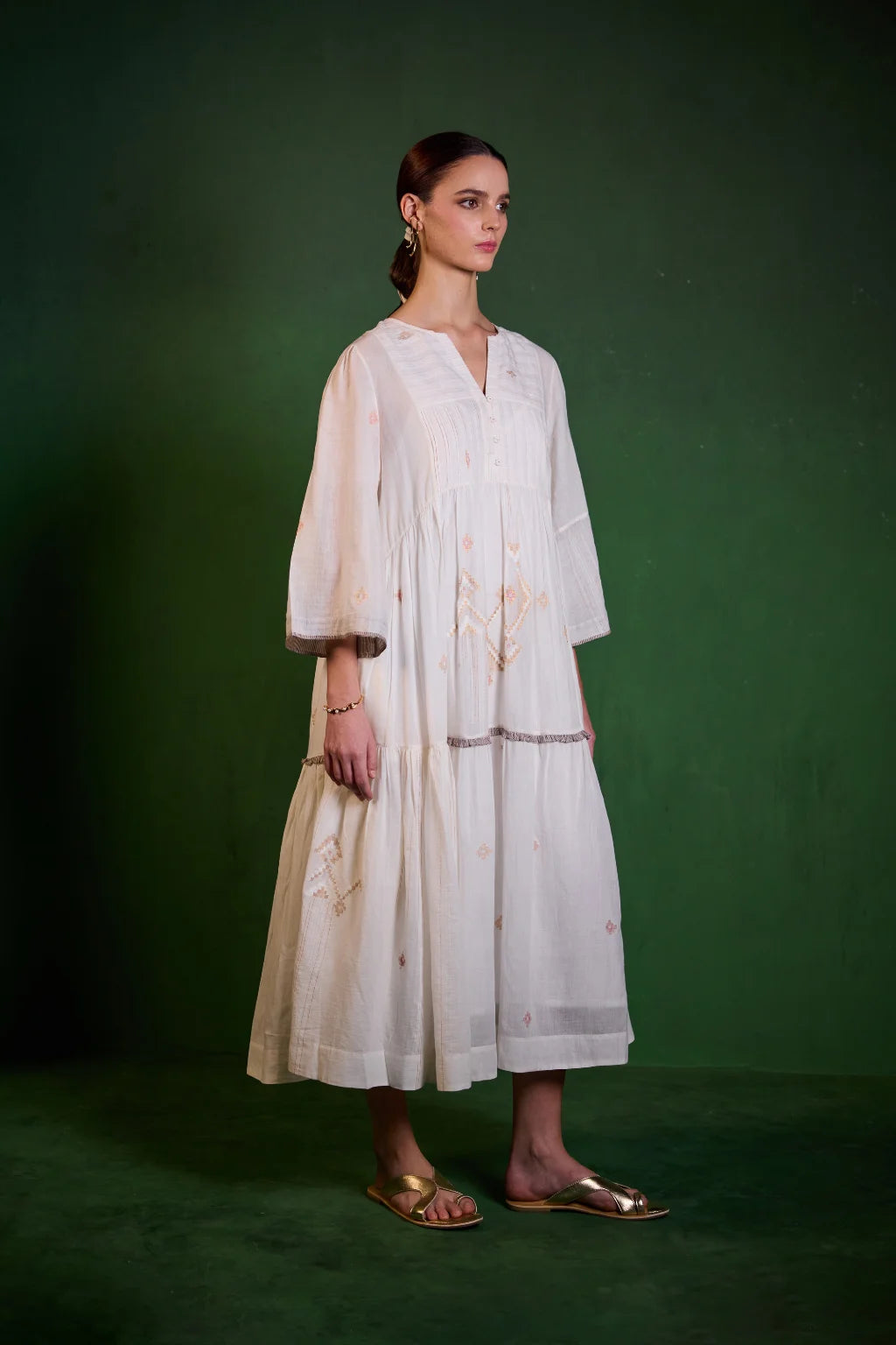 Sarron Shubhra Dress, ivory white silk-cotton Jamdani dress with ghicha zari motifs and a tiered cut.