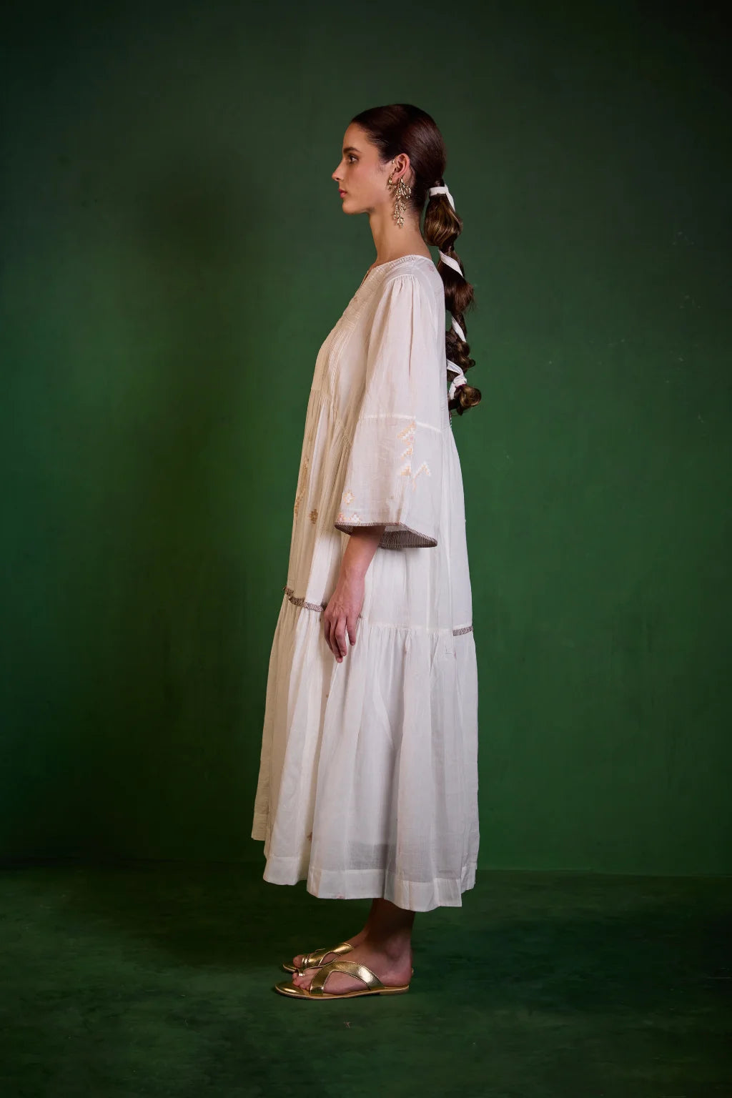 Sarron Shubhra Dress, ivory white silk-cotton Jamdani dress with ghicha zari motifs and a tiered cut.