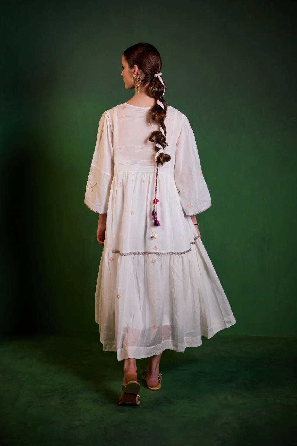Sarron Shubhra Dress, ivory white silk-cotton Jamdani dress with ghicha zari motifs and a tiered cut.