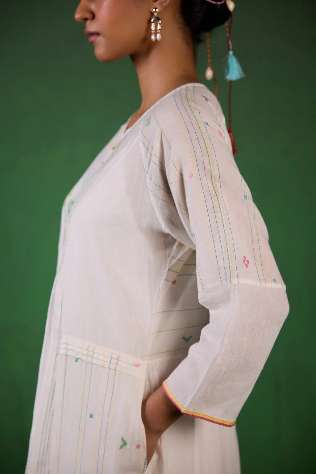Sarron Shuchi Dress, soft white silk-cotton Jamdani dress with large handwoven motifs and raglan sleeves.