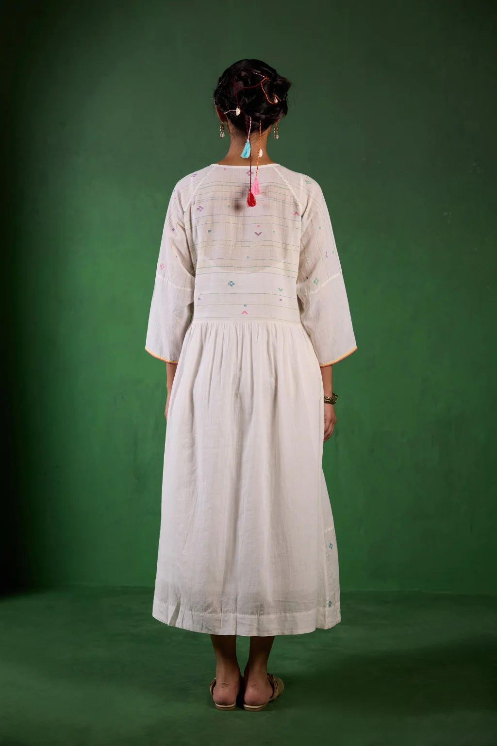 Sarron Shuchi Dress, soft white silk-cotton Jamdani dress with large handwoven motifs and raglan sleeves.
