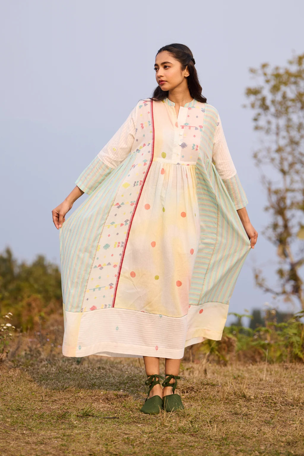 Sarron Shuktara Dress, white patchwork cotton Jamdani dress with woven and hand-painted motifs.