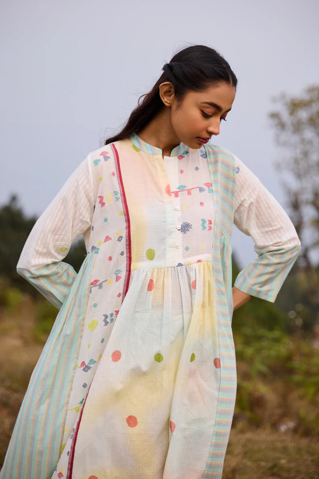 Sarron Shuktara Dress, white patchwork cotton Jamdani dress with woven and hand-painted motifs.