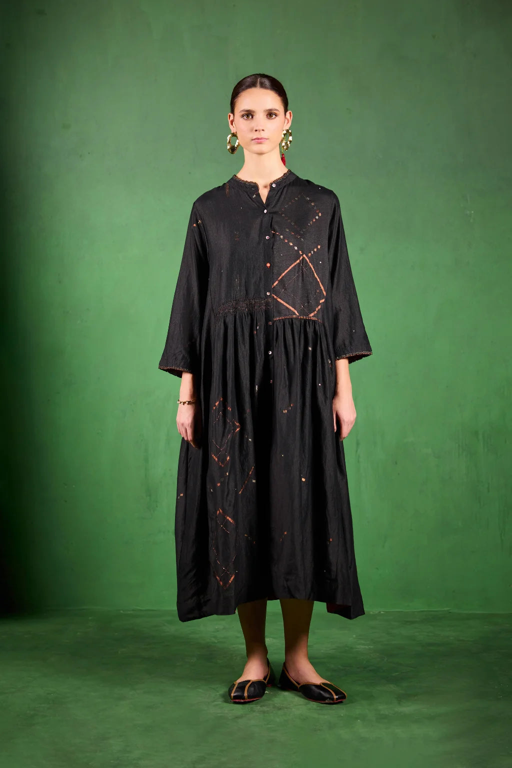 Sarron Tamira Dress, black silk-cotton Jamdani dress with geometric zari motifs and a banded collar.
