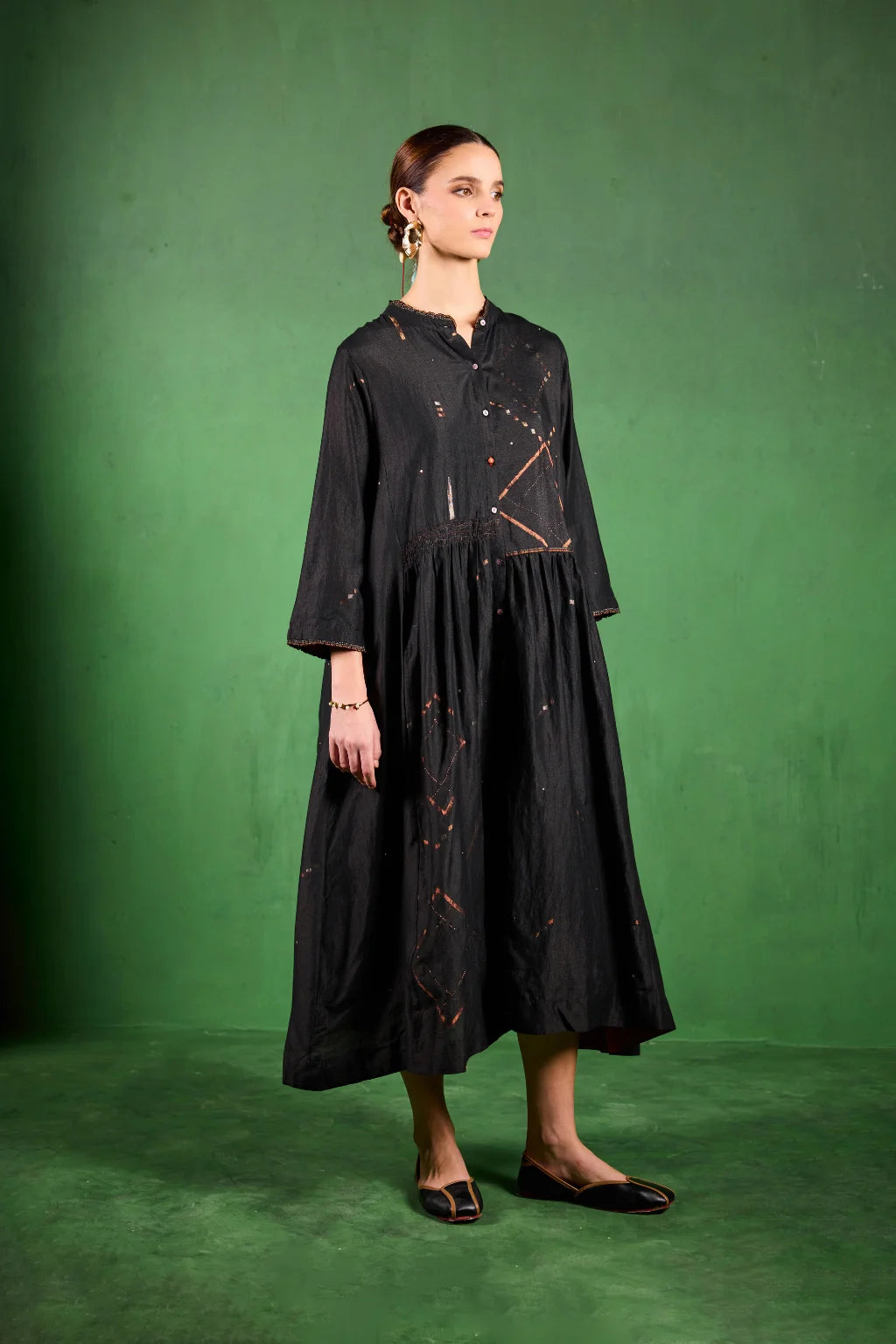 Sarron Tamira Dress, black silk-cotton Jamdani dress with geometric zari motifs and a banded collar.