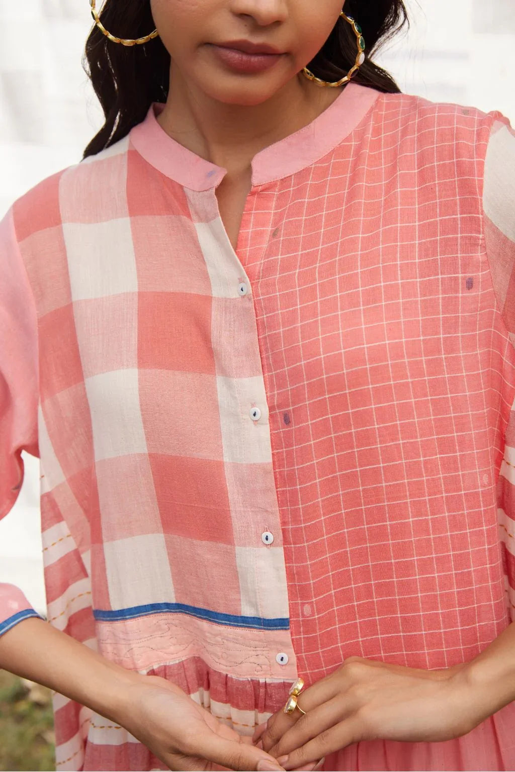 Sarron Tarini Dress, pink cotton Jamdani dress with stripes, checks and handwoven Jamdani motifs.