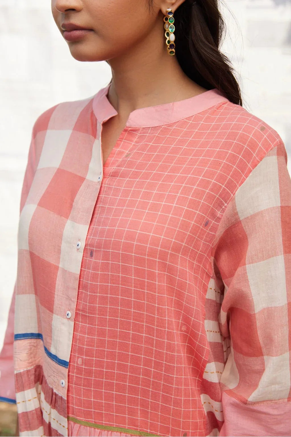 Sarron Tarini Dress, pink cotton Jamdani dress with stripes, checks and handwoven Jamdani motifs.