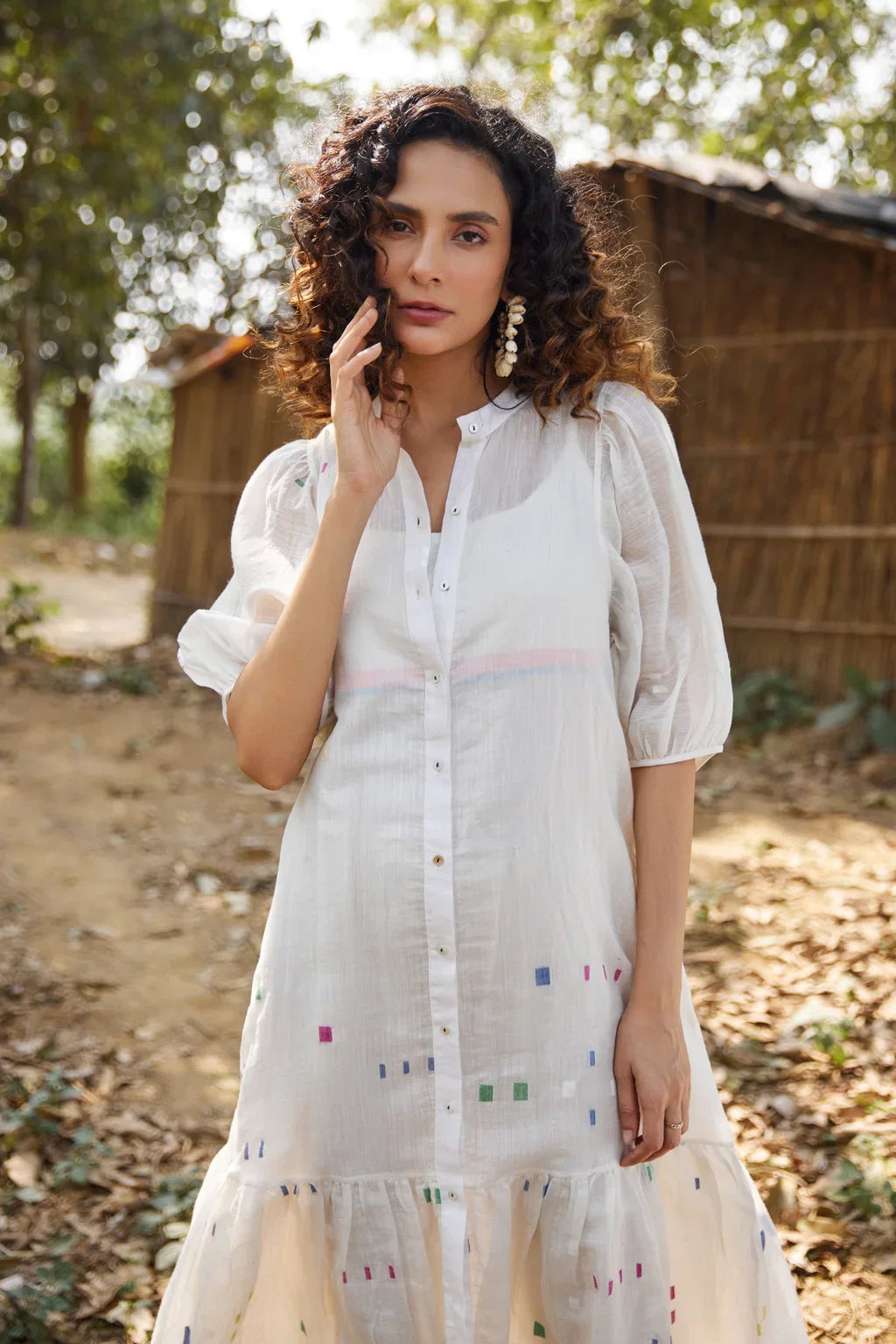 Sarron Tusha Dress, white silk-cotton Jamdani dress with multicoloured handwoven geometric motifs.