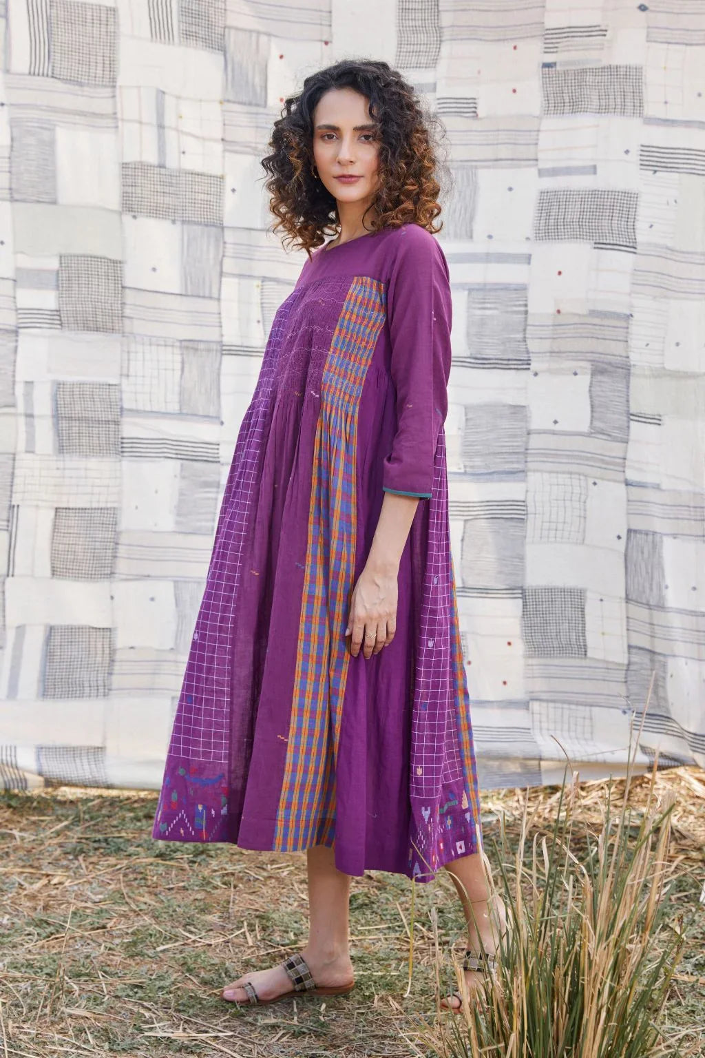 Sarron Vanya Dress, red cotton Jamdani dress with contrasting handwoven patterns and a hem motif.